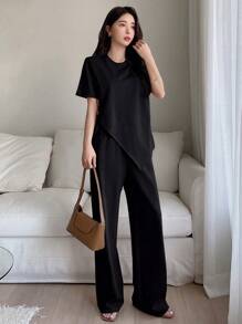 DAZY 不对称短袖T恤和阔腿裤休闲套装，2件套/套 女士家居服套装 - 黑色 - 查看 4