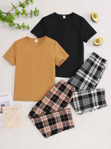 SHEIN 4pcs Tween Boy Simple Solid Color T-Shirt, Plaid Straight Leg Pants, Knit Relaxed Fit Lounge & Sleepwear Set - Multicolor - View 1