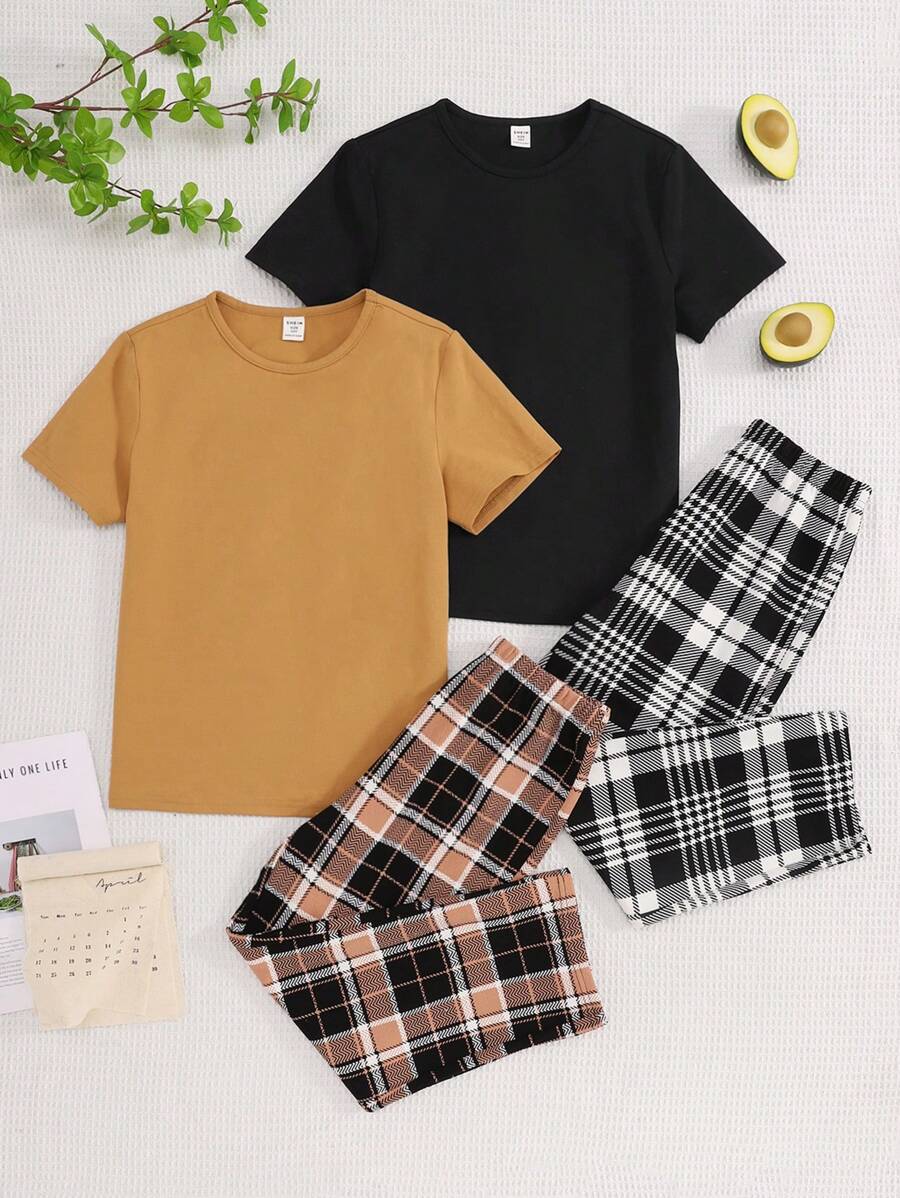 SHEIN 4pcs Tween Boy Simple Solid Color T-Shirt, Plaid Straight Leg Pants, Knit Relaxed Fit Lounge & Sleepwear Set - Multicolor - View 1