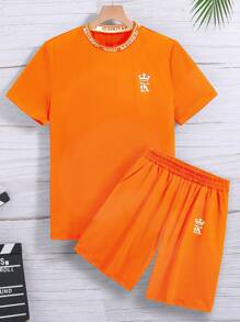 SHEIN 2 件青少年男童圆领短袖 T 恤和短裤套装 - 橘色 - 查看 1