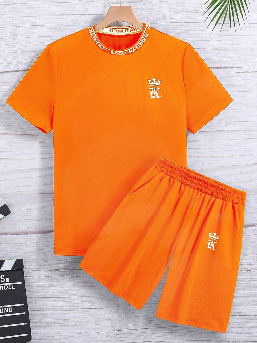 SHEIN 2 件青少年男童圆领短袖 T 恤和短裤套装 - 橘色 - 查看 1