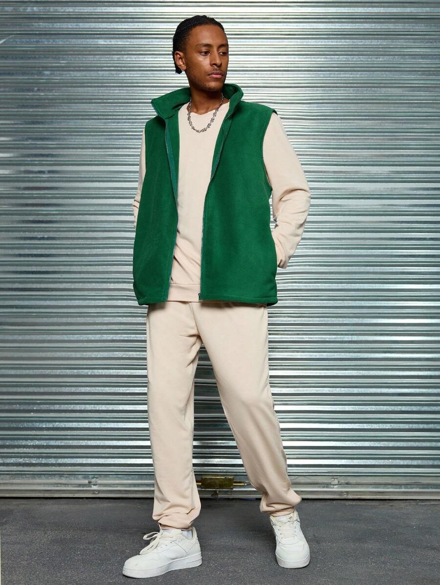 3pcs Men's Vintage Casual Outfits Set: Olive Fleece Vest, Khaki Crew Neck Sweatshirt And Pants, Autumn Winter