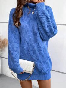 SHEIN LUNE New American Casual Style High Neck Pullover Knitted Bodycon Blue Sweater Dress