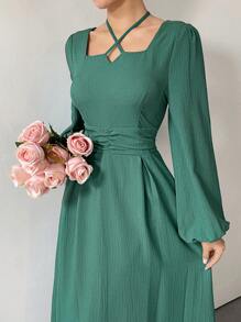 Modelyn 长款优雅纯色喇叭袖连衣裙，春秋 - 青碧色 - 查看 7