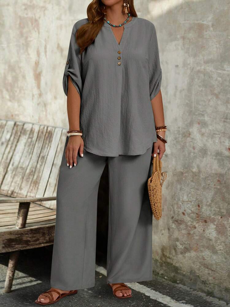 Plus Size Vacation Casual Solid Color Notched Neck Roll-Up Sleeve Shirt And Pants 2-Piece Set