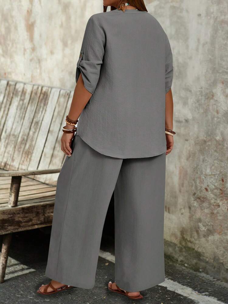 Plus Size Vacation Casual Solid Color Notched Neck Roll-Up Sleeve Shirt And Pants 2-Piece Set