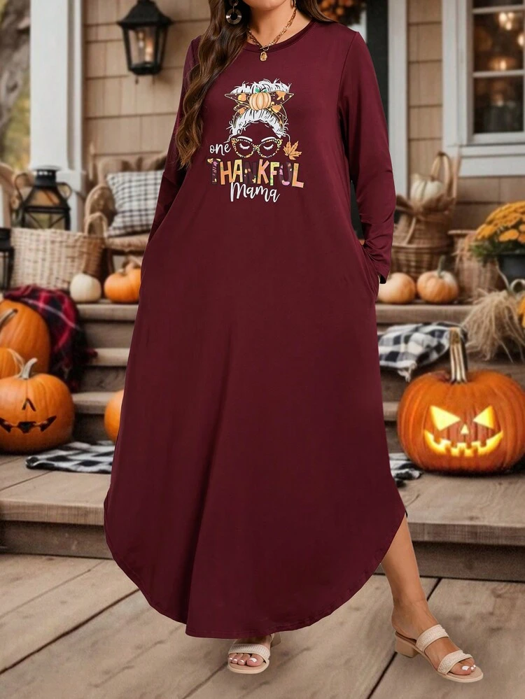 Plus Size Women's Halloween Character & Letter Print Long Sleeve Dress,Thanksgiving Dress,Maroon Dress,Long Women Dresses,Fall