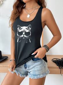 Attitoon Casual Simple Cat Print Women Tank Top, Summer Tank Top Top