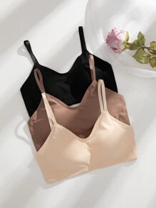3 piezas Sujetador sin costuras de color liso con almohadillas extraíbles