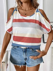SHEIN LUNE Colorblock Striped Short Sleeve Open Shoulder Casual T-Shirt, Summer - Multicolor - View 3