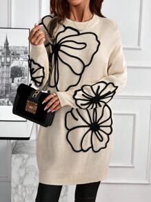 EMERY ROSE Women's Embroidered Long Sleeve Crew Neck Knitted Sweater Dress - Apricot - View 5