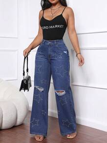 SHEIN SXY Jeans de pierna ancha con cierre delantero, bolsillos múltiples, desgastados, con estampado de estrellas - Azul lavado oscuro - Ver 3