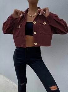 SHEIN Unity 1 件女式单排扣休闲日常灯芯绒夹克 - 紅色 - 查看 4