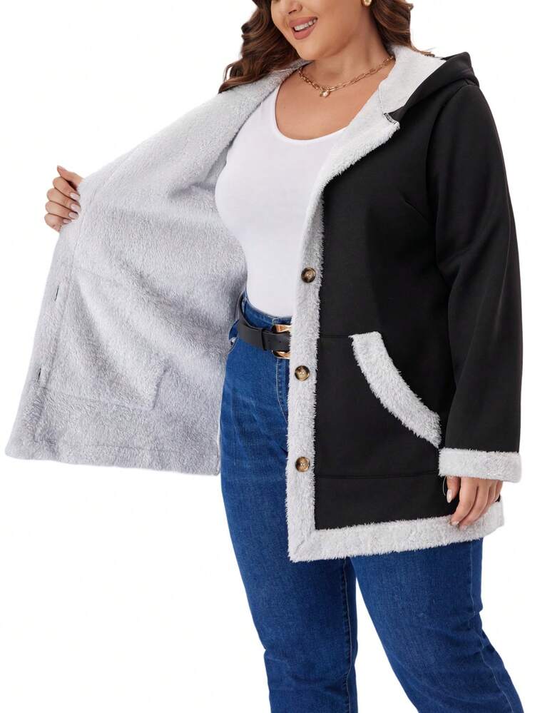 Plus Size Fall Curve Thanksgiving Women Fuzzy Colorblock Fluffy Hooded Coat, Winter Fall