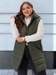 EMERY ROSE Plus Size Women Plain Hooded Padded Vest Jacket With Pockets,Fall/Winter,Winter Women Coat Autumn - Army Green - View 3