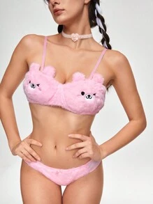 ROMWE Kawaii Women's Cute Plush Bear Wireless Bra Set, Kawaii