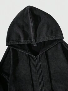 ROMWE MEN Goth 男士休闲抓绒拉链连帽衫，适合秋冬季节，长袖上衣 - 黑色 - 查看 4