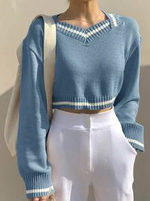 DAZY Suéter corto de mujer con bloques de color y parches, ropa de otoño - Celeste - Ver 1
