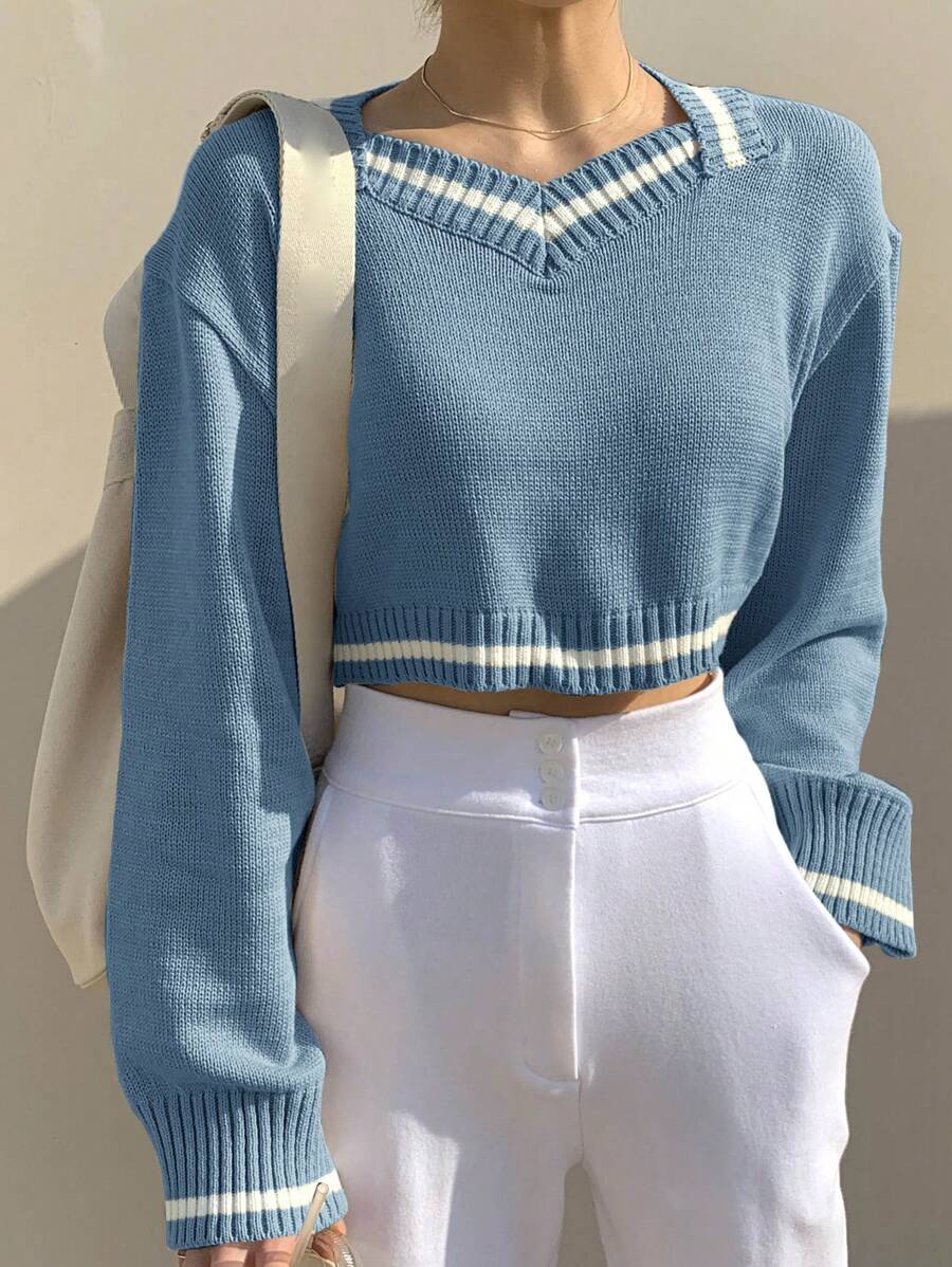DAZY Suéter corto de mujer con bloques de color y parches, ropa de otoño - Celeste - Ver 1