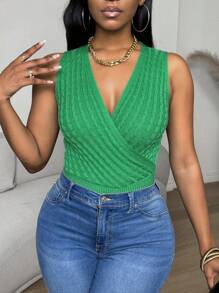 Zolique New V-Neck Twist Rope Cropped Sleeveless Knitted Tank Top For Women, Green - Green - View 6