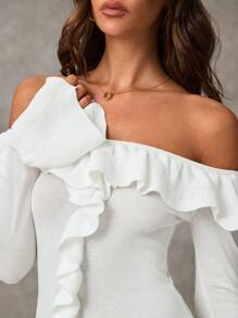 SHEIN BAE Đầm len ôm sát vai Ruffle Hem màu trơn thanh lịch dành cho nữ, mùa xuân/thu - trắng - Xem 6