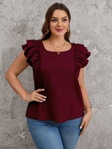SHEIN Clasi Plus Size Casual Loose Bowknot Decor Double Layer Cap Sleeve Square Neck Blouse