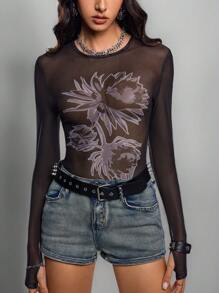 Anis Illustration Artist 女士性感深色花卉印花网眼衬衫，春夏，黑色，秋季女士，适合秋冬季，节日，情人节 - 黑色 - 查看 1