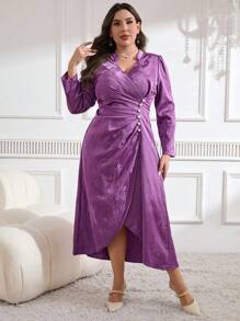 Modelyn 大碼V領長袖連衣裙，假珍珠點綴和褶皺細節 - 玫紅色 - 查看 8