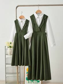 2pcs Young Girl Woven Plain Casual Shirt And Woven Collared Casual Dress Set - Multicolor - View 1