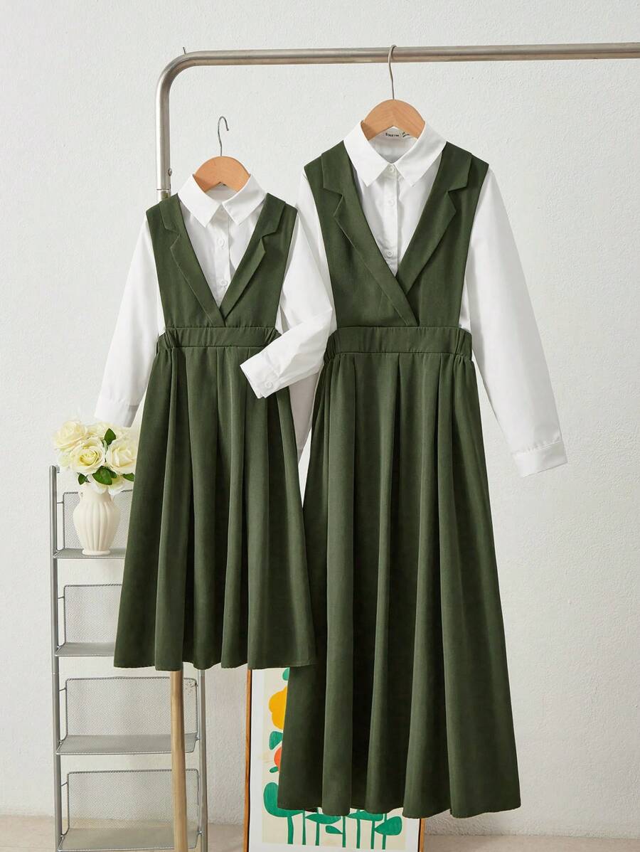 2pcs Young Girl Woven Plain Casual Shirt And Woven Collared Casual Dress Set - Multicolor - View 1