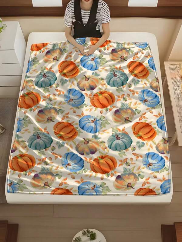 1 pieza Manta de franela con doble calabaza de Halloween / Manta suave y cálida para todas las estaciones / Manta de regalo / Manta para cama, silla, coche, sofá, decoración de otoño, decoración de otoño, decoración de habitación