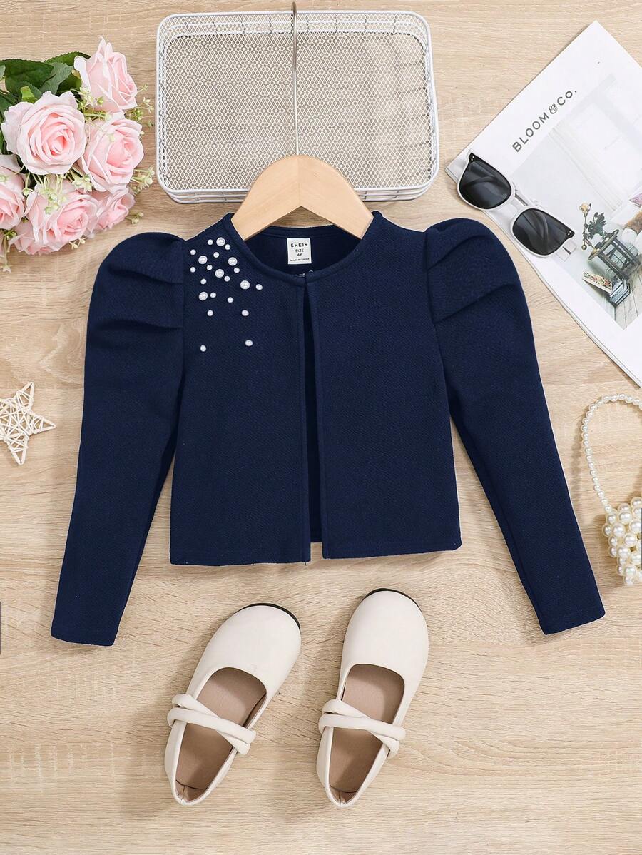 SHEIN Chaqueta corta de estilo casual ajustada de unicolor con manga gigot abotonada para niña joven - Azul Marino - View 1
