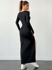 SHEIN EZwear 女士黑色春夏纯色方领长袖侧开衩下摆休闲连衣裙 - 黑色 - 查看 2