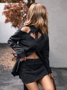 GENKIRA 时尚简约镂空露肩前扣领女式衬衫 女士秋季服装 - 黑色 - 查看 3