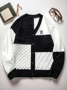 Manfinity Hypemode 男士针织简约日常开衫，撞色拼接，落肩设计，厚实保暖，休闲都市风，适合返校季穿着，送给丈夫、男友的礼物，秋冬季长袖上衣 - 黑與白 - 查看 6