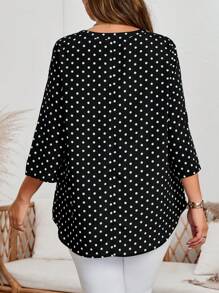 EMERY ROSE Blusa informal de otoño para mujer talla grande con escote entallado, manga enrollada y estampado de lunares