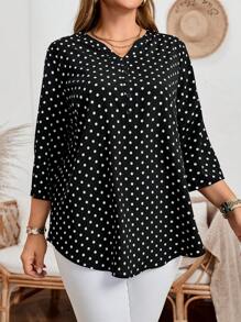 EMERY ROSE Blusa informal de otoño para mujer talla grande con escote entallado, manga enrollada y estampado de lunares