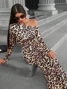 Aveloria Modichic Vintage Animal Leopard Print Asymmetrical Shoulder Form-Fitting Fishtail Dress With Long Sleeves