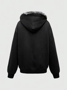 ROMWE Grunge Punk 女款 Y2K 街头服饰蜘蛛标语印花拼布蓬松领超大拉链连帽衫