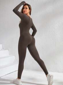 Easithlete One Piece Solid Rib Knit Sports Jumpsuit - Coffee Brown - View 2