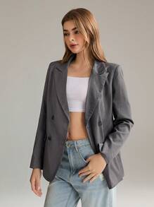 SHEIN Unity Blazer Wanita Longgar dengan Kerah Lapel, Kancing Ganda, Saku Lipat, dan Bantalan Bahu untuk Musim Gugur. - Grey - View 4
