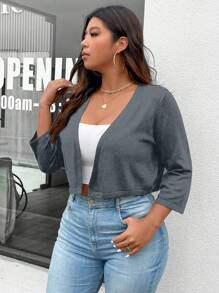 SHEIN Unity Plus Size Nữ Xuân Thu Màu Trơn 3/4 Tay Hở Mặt Trước Áo Cardigan Ngắn - Xám - Xem 5