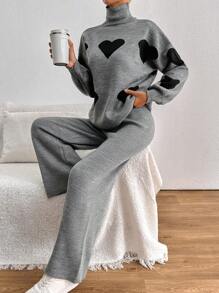 SHEIN PETITE 2pcs/Set Casual Heart Pattern High Neck Sweater - Grey - View 3