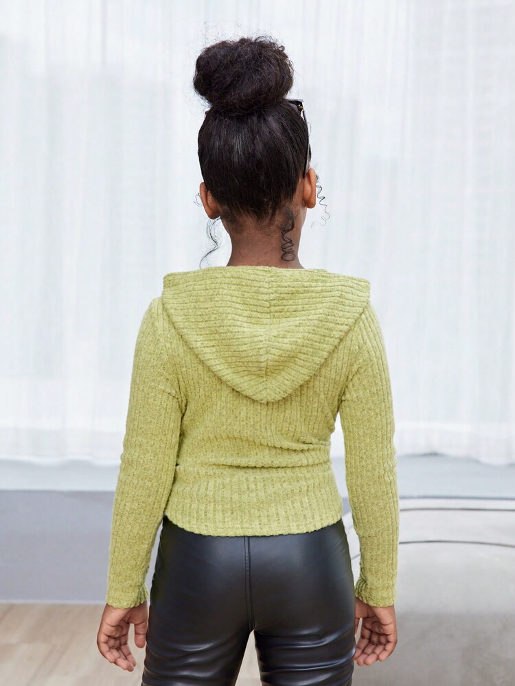 Tween Girl Hooded Long Sleeve Charming & Elegant T-Shirt, Warm Green Color Plain Side Pleated Detail Ribbed T Shirt, Fall Autumn - Green - View 12