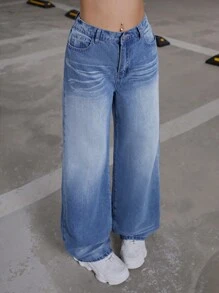 SHEIN 少女Y2K时尚水洗复古阔腿牛仔裤高腰拖鞋裤宽松直筒裤，女孩返校秋季装 - 中等水洗藍 - 查看 4