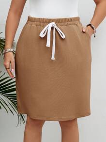 SHEIN LUNE Falda recta casual con bolsillo y cintura con lazo para mujer de talla grande - Marrón Mocha - Ver 1