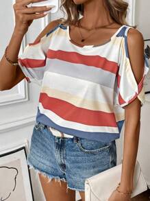 SHEIN LUNE Colorblock Striped Short Sleeve Open Shoulder Casual T-Shirt, Summer - Multicolor - View 4