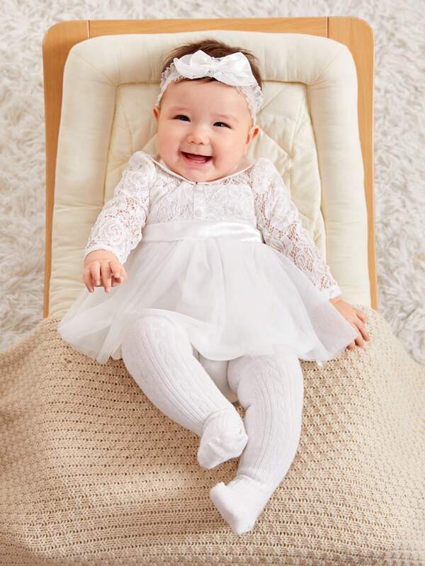 Newborn Baby Girl Contrast Lace Collar Fold Pleated Dress