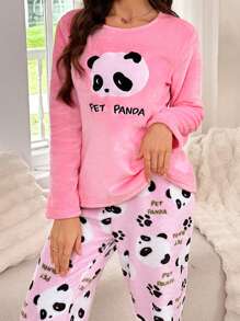 Conjunto de pijama de mujer con top de manga larga y pantalones largos con diseño lindo de panda - Rosa - Ver 4