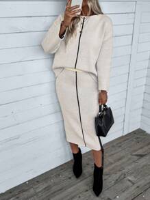 Chiquease 女士落肩长袖毛衣和松紧腰裙套装